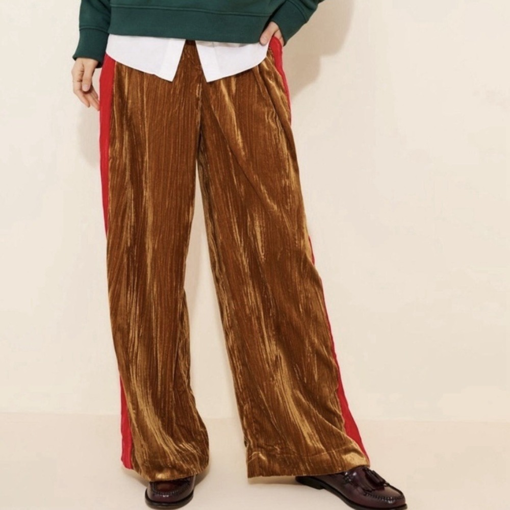 Farm Rio For‎ Anthropologie Brown Velvet Red Side Stripe Wide Leg Pants S